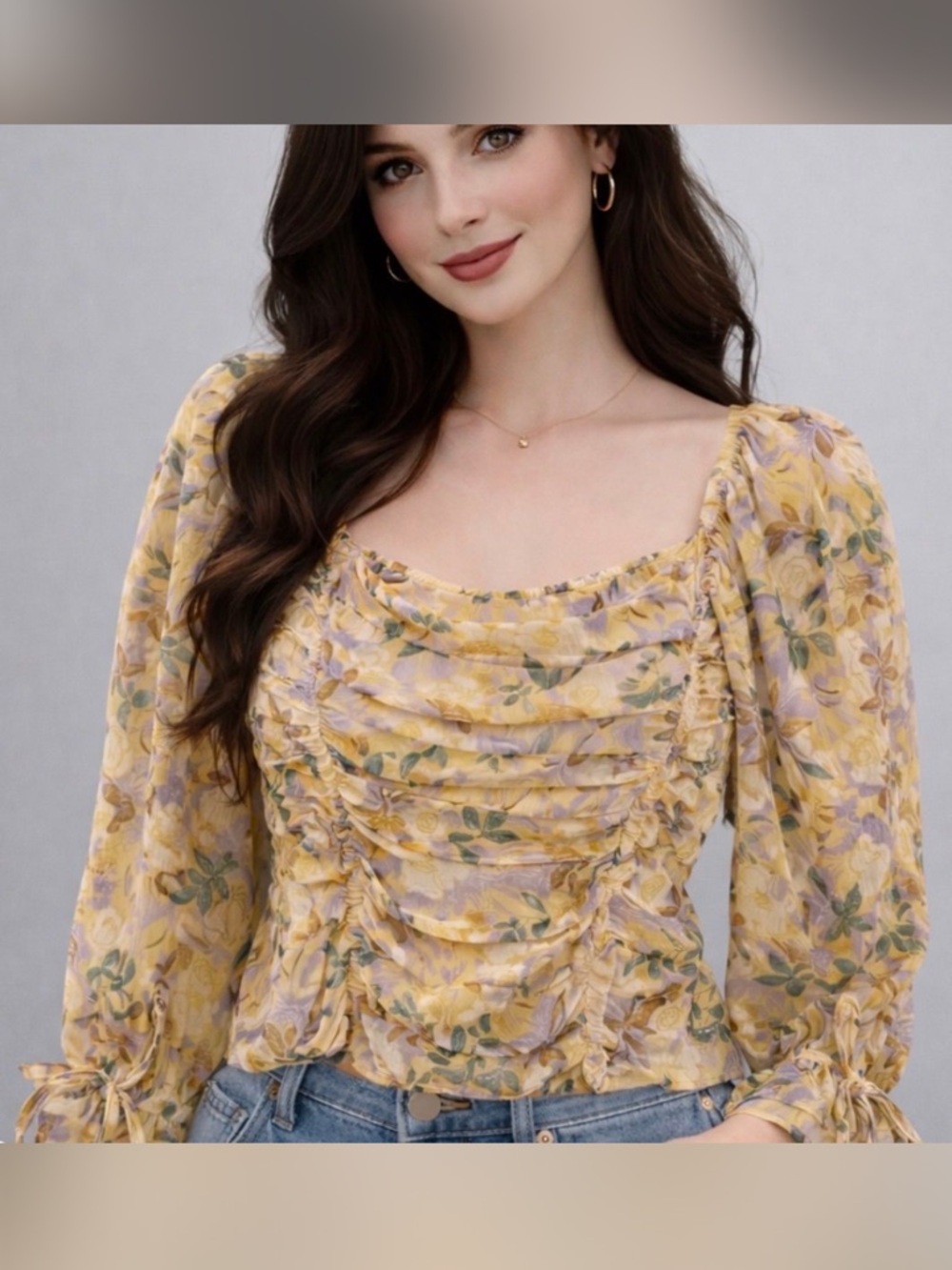 Promesa Yellow Lavender Floral Smocked Puff-Sleeve Crop Top